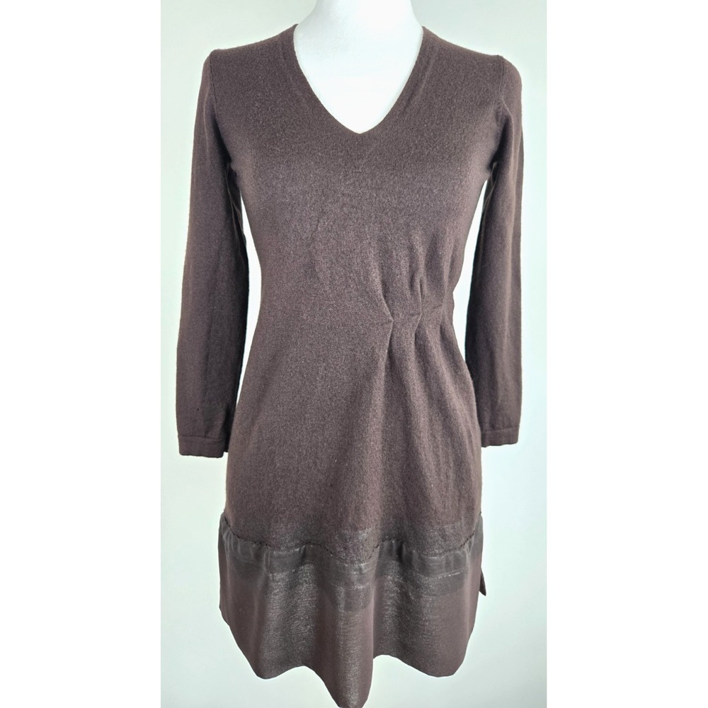 D. Exterior Made in Italy Wool Sweater Dress Brown V Neck Mesh Bottom Cinchwaist